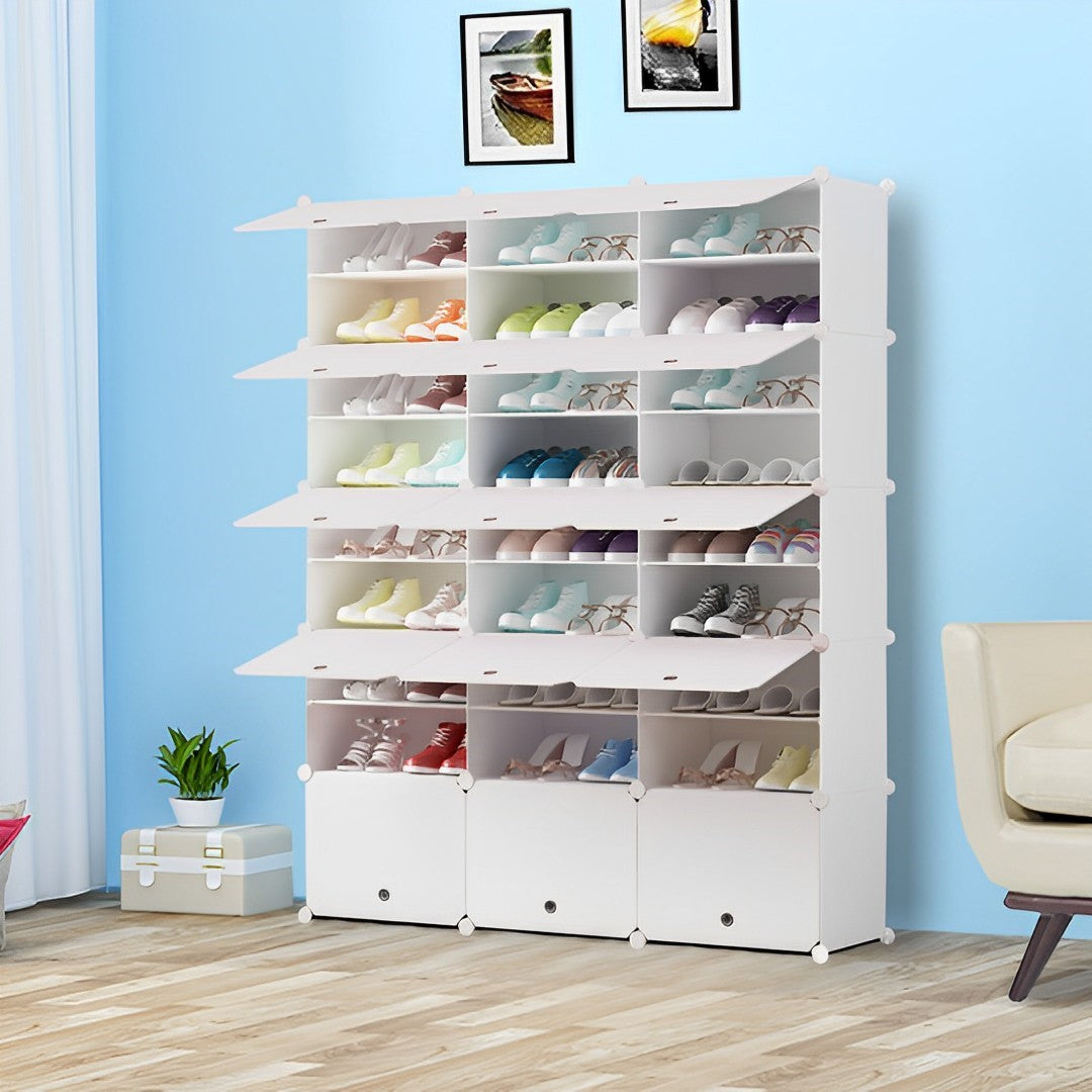 SOGA 9 Tier 3 Column White Shoe Rack Organizer Sneaker Footwear Storage Stackable Stand Cabinet Portable Wardrobe with Cover-2