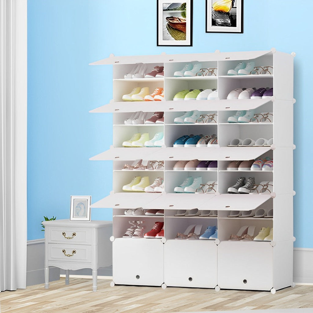 SOGA 9 Tier 3 Column White Shoe Rack Organizer Sneaker Footwear Storage Stackable Stand Cabinet Portable Wardrobe with Cover-3