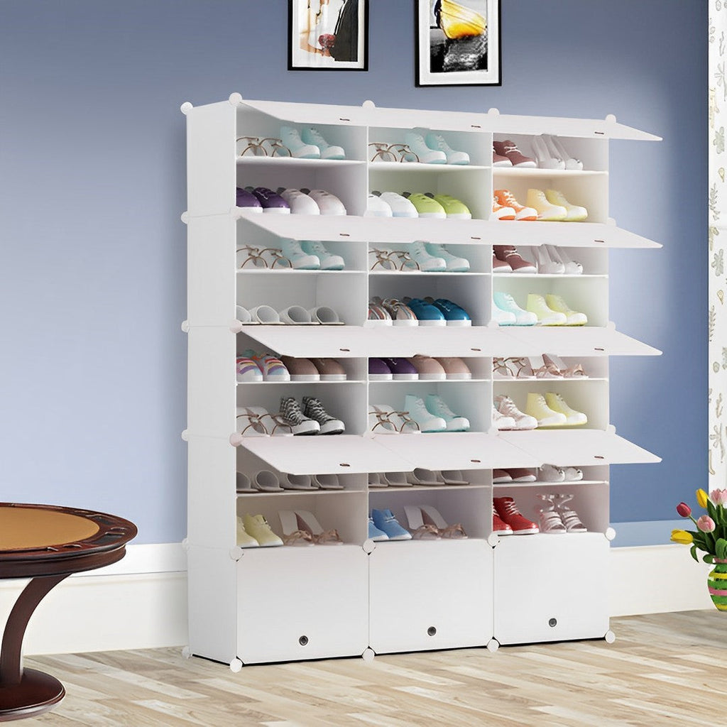 SOGA 9 Tier 3 Column White Shoe Rack Organizer Sneaker Footwear Storage Stackable Stand Cabinet Portable Wardrobe with Cover-4