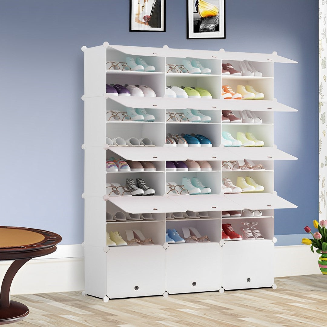 SOGA 9 Tier 3 Column White Shoe Rack Organizer Sneaker Footwear Storage Stackable Stand Cabinet Portable Wardrobe with Cover-4