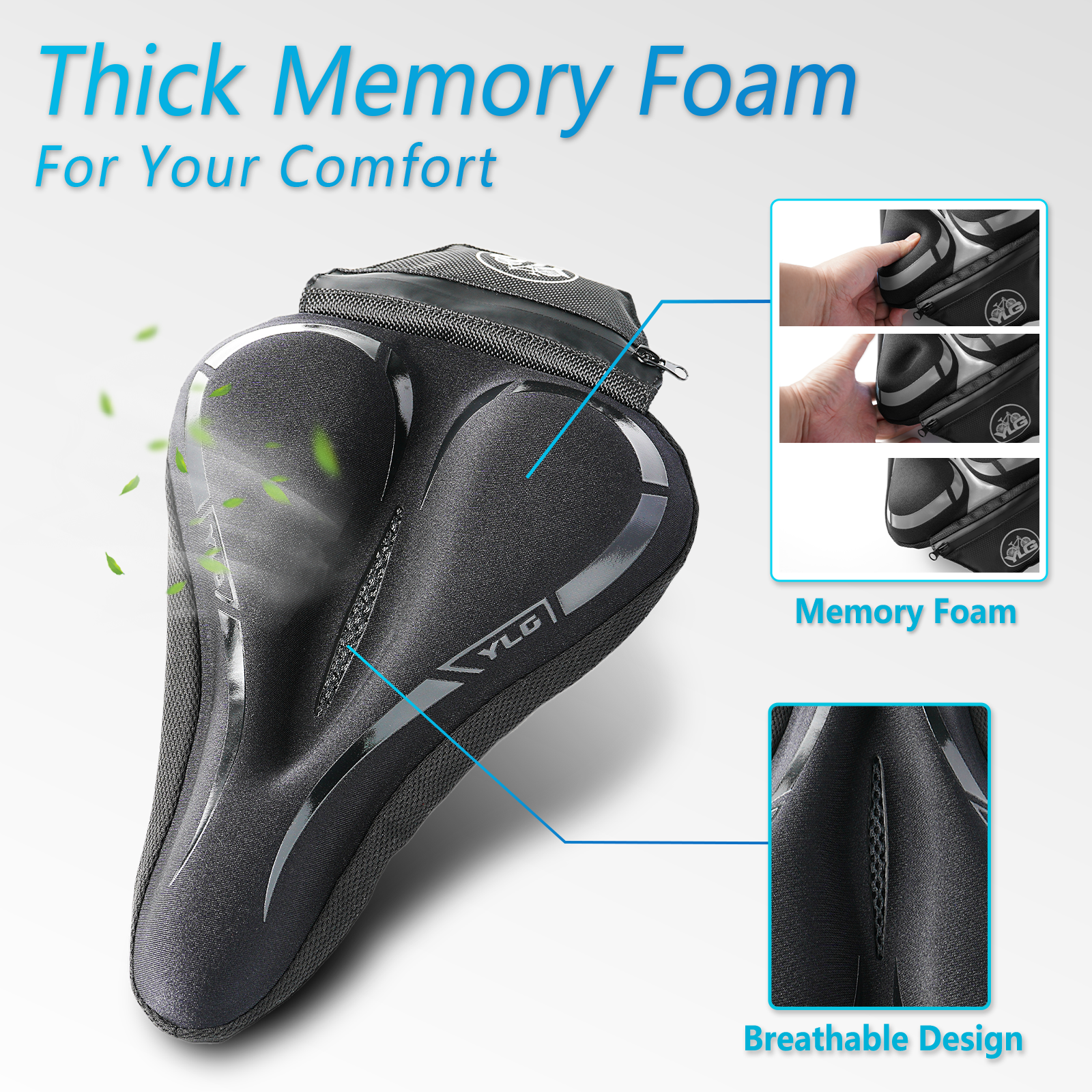 YC 4, YLG Memory Foam Bike seat Cover Black 11" x 7"-1