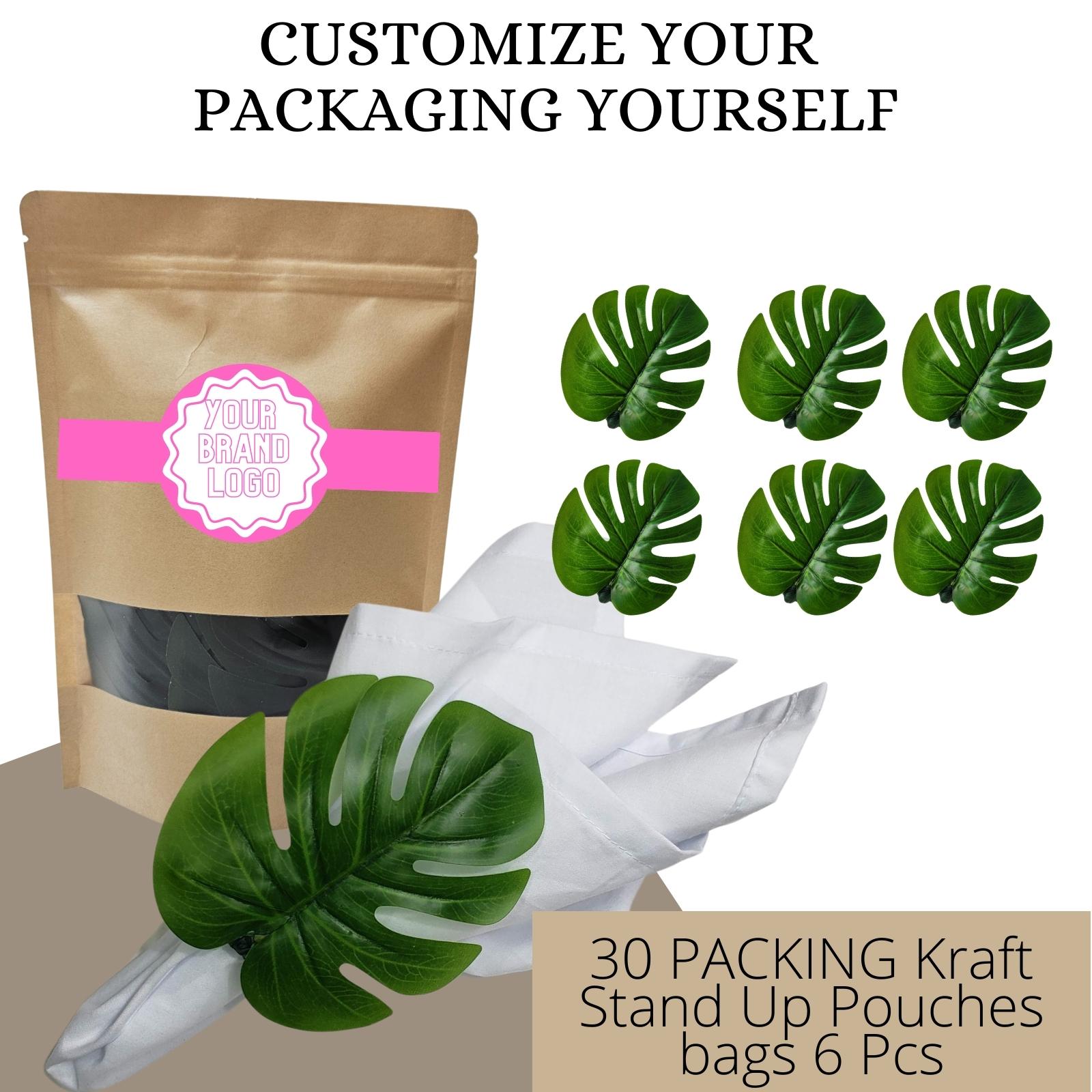 Wholesale Box of 30 PACK Green Monstera Leaf Napkin Rings with 6 Pcs (Kraft Stand Up Pouches) for store, bakery, market, winery-0