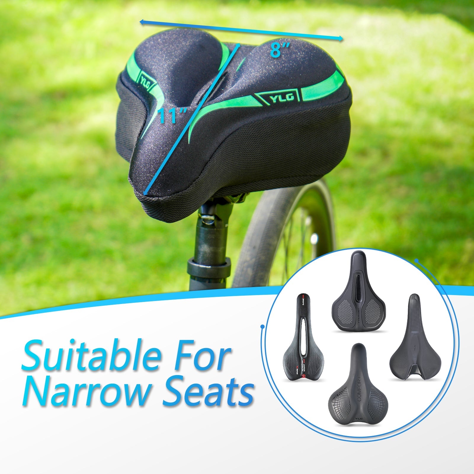 YC 6, YLG Green Memory Foam Bike seat Cover 11" x 7" Green-1