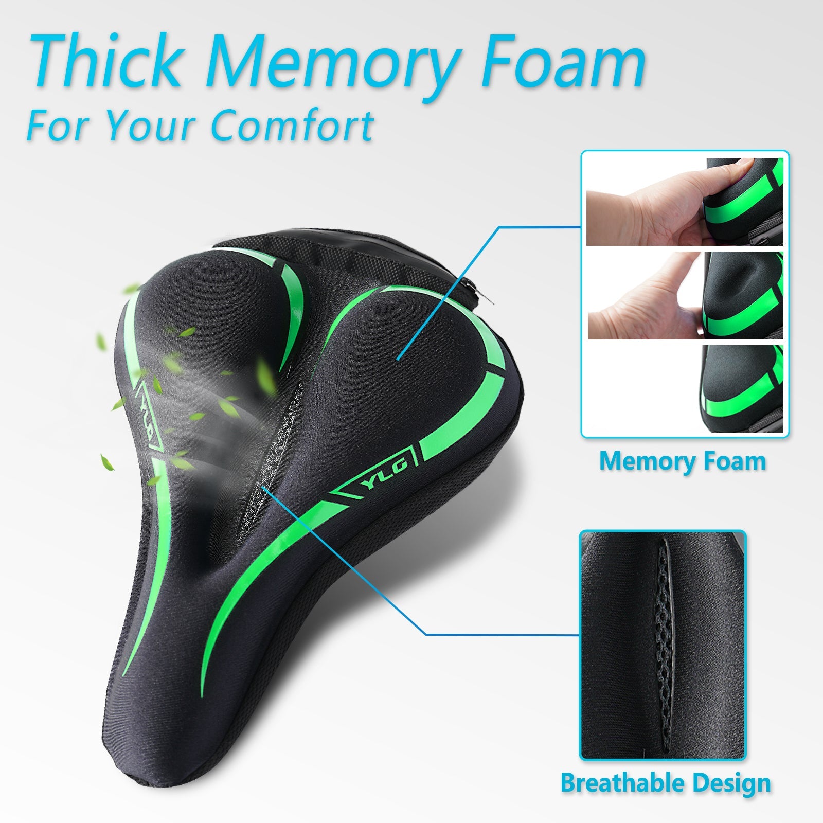 YC 6, YLG Green Memory Foam Bike seat Cover 11" x 7" Green-2