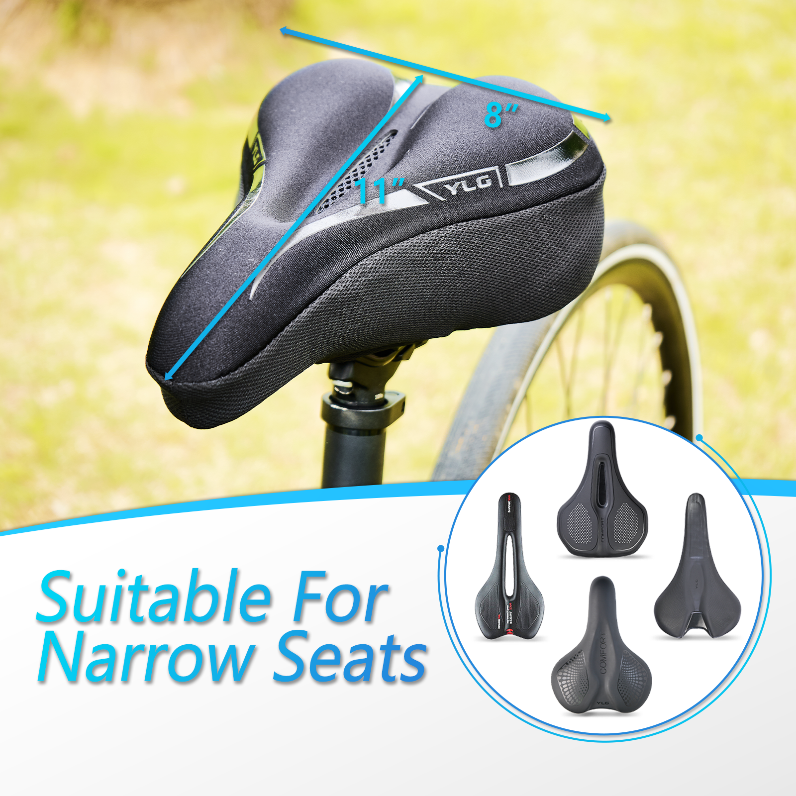YC 4, YLG Memory Foam Bike seat Cover Black 11" x 7"-3