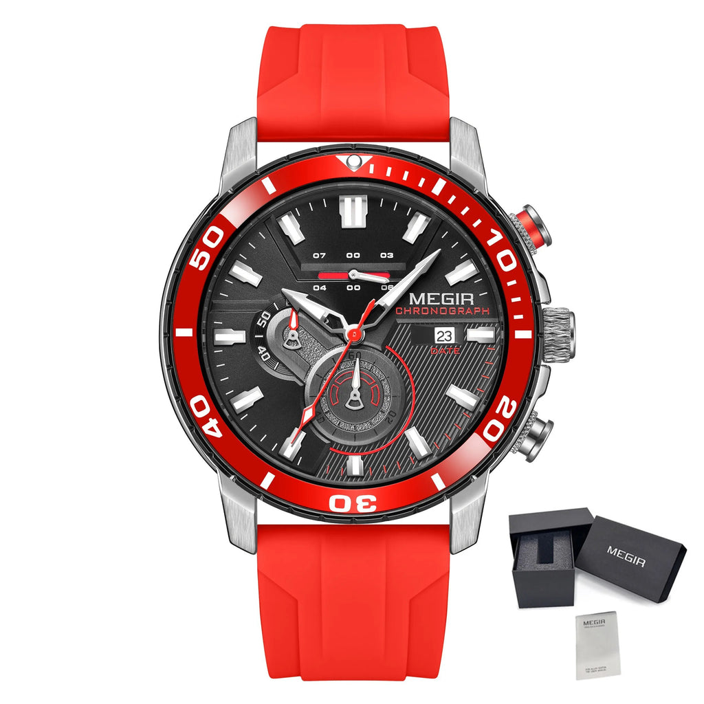 MEGIR Luxury Military Watches for Men Fashion Sport Quartz Wristwatch Waterproof Silicone Band Male Clock Chronograph with Date 2224-17