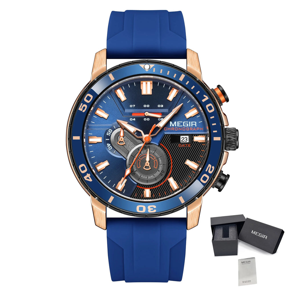 MEGIR Luxury Military Watches for Men Fashion Sport Quartz Wristwatch Waterproof Silicone Band Male Clock Chronograph with Date 2224-18