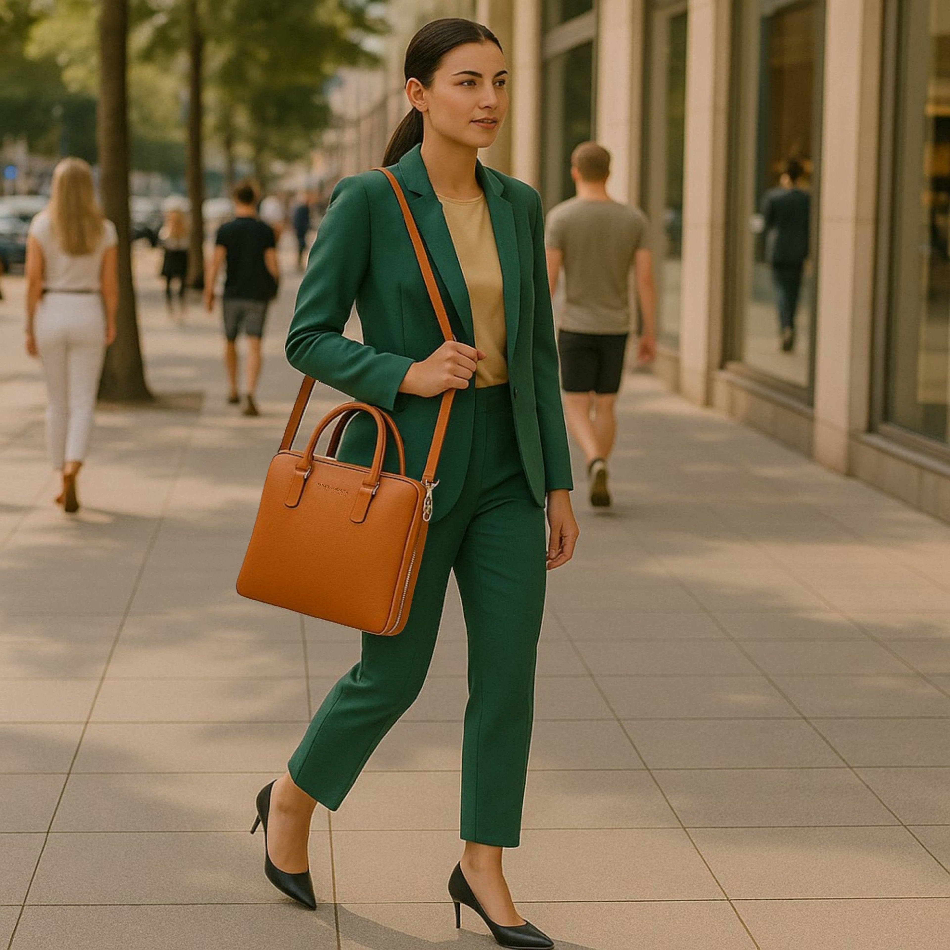 RB1019L | Cartella Business Unisex in Vera Pelle Made in Italy con tracolla removibile. Attacchi con moschettoni in metallo Nickel Lucido - Colore Arancione - Dimensioni: cm 37 x 29 x 6,5-4