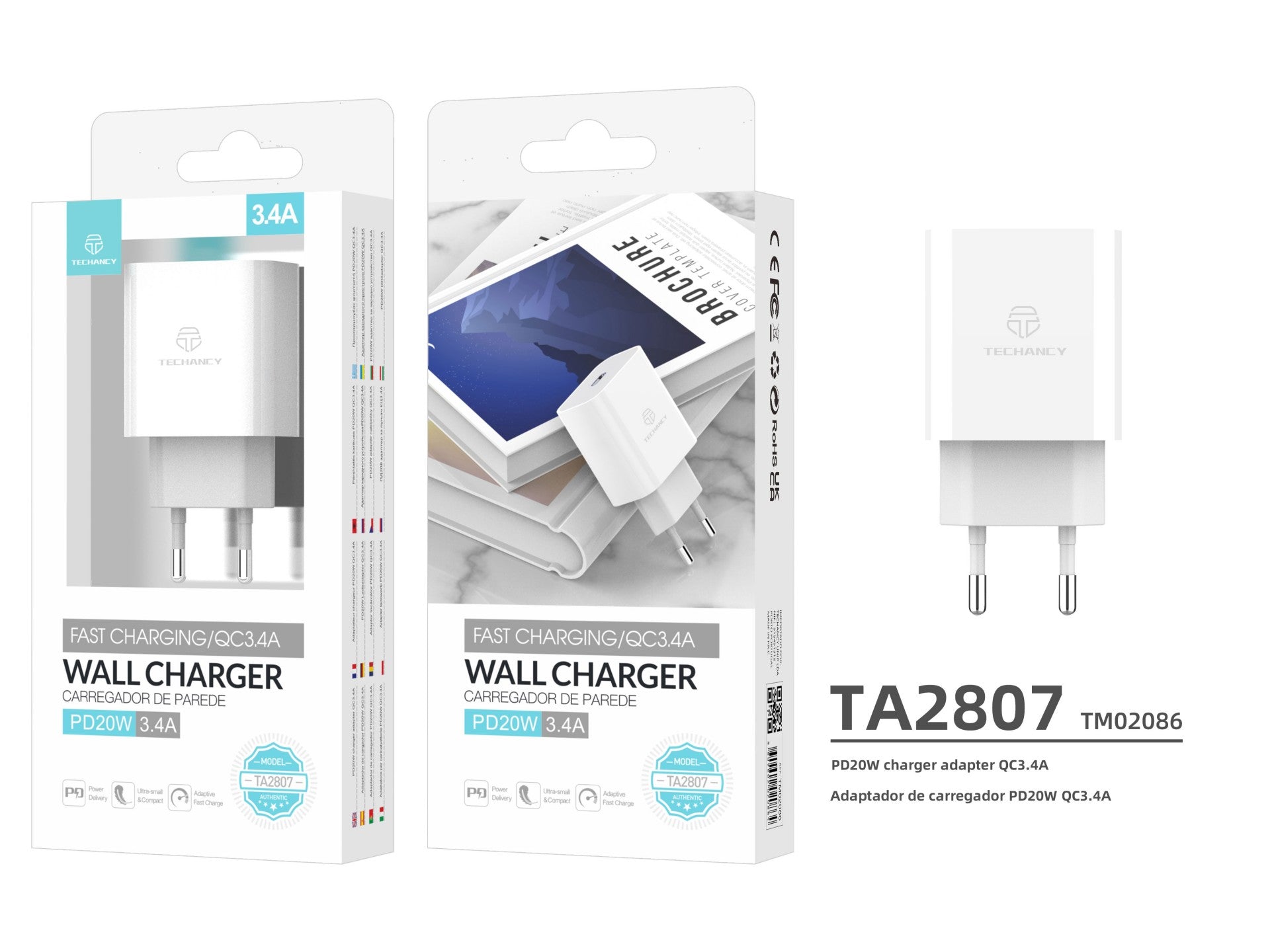 Techancy Carregador De Parede Pd Branco TA2807, Carregamento Rápido 3.4A Pd20W, Alimentação Inteligente Para Telemóvel-2