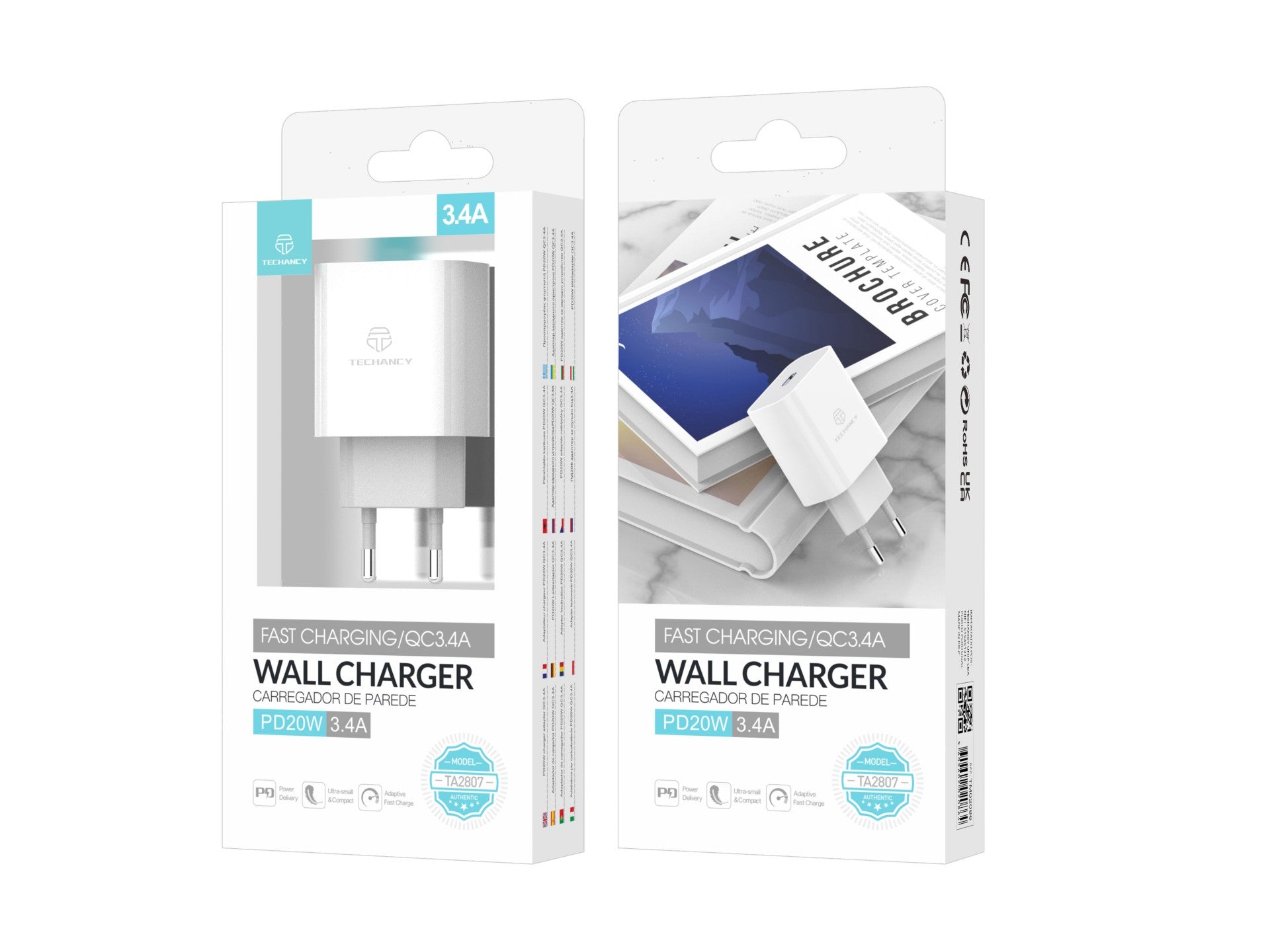 Techancy Carregador De Parede Pd Branco TA2807, Carregamento Rápido 3.4A Pd20W, Alimentação Inteligente Para Telemóvel-1